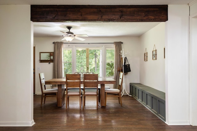 dining area with ceiling fan and dark wood-type flooring