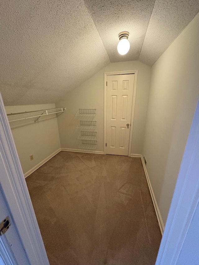 additional living space featuring carpet flooring, a textured ceiling, and vaulted ceiling