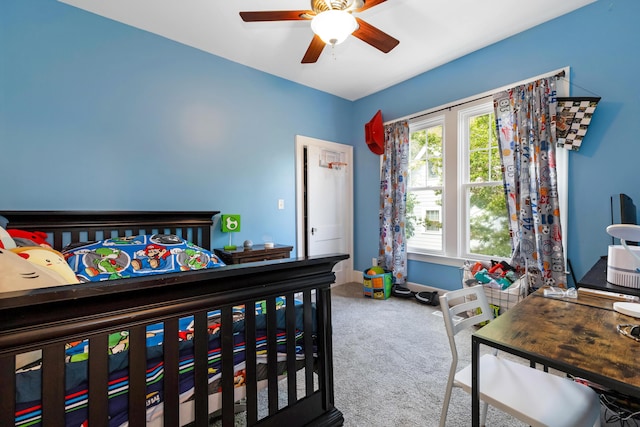 bedroom with carpet flooring and ceiling fan