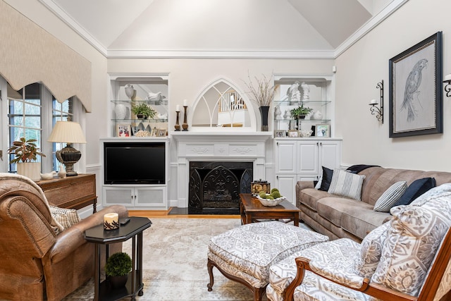 living room with built in features, a fireplace, high vaulted ceiling, and light hardwood / wood-style flooring