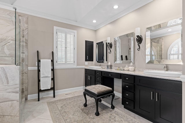 bathroom featuring vanity, ornamental molding, and walk in shower