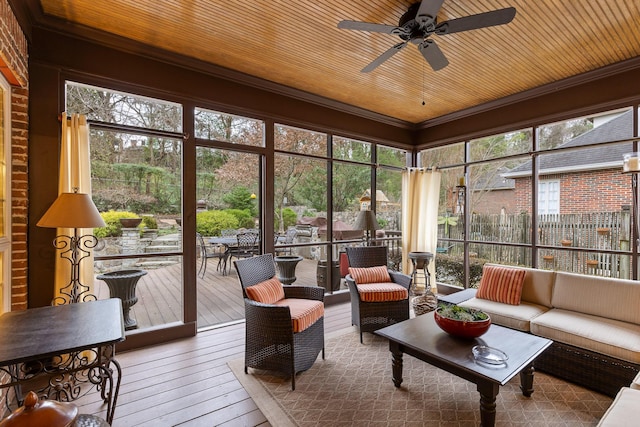 sunroom / solarium featuring ceiling fan and wood ceiling