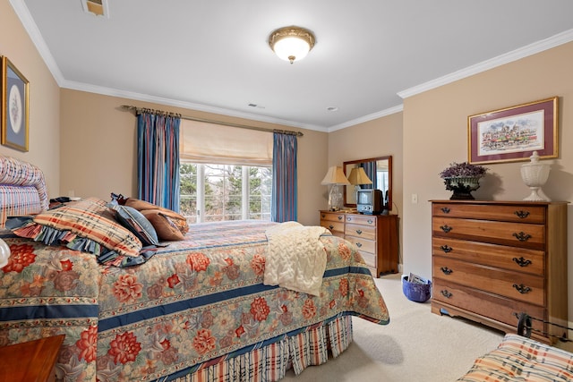 carpeted bedroom featuring ornamental molding