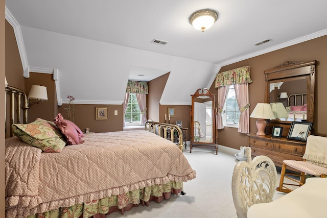 bedroom featuring light carpet, ornamental molding, multiple windows, and lofted ceiling