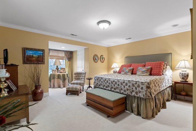 bedroom with crown molding and light carpet