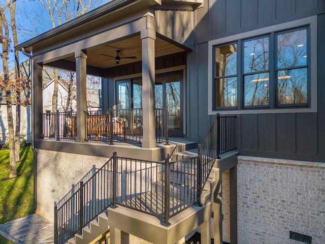 exterior space with ceiling fan and a porch