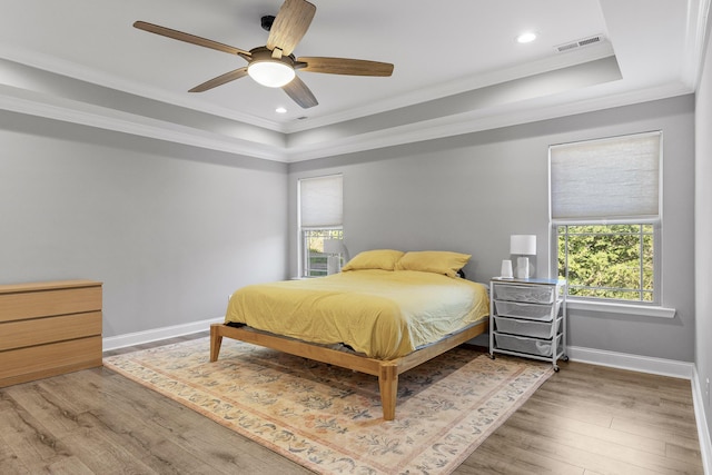 bedroom featuring a raised ceiling, ceiling fan, and crown molding