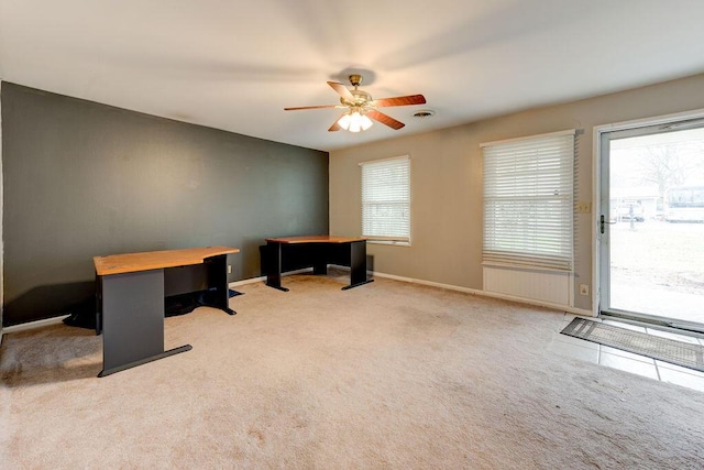 office area featuring carpet flooring and ceiling fan