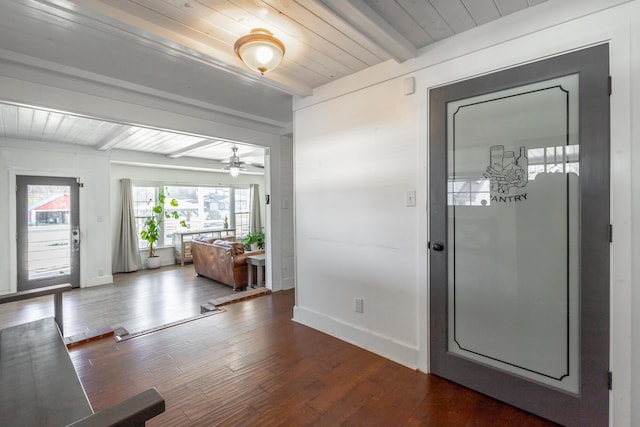 interior space featuring ceiling fan, dark hardwood / wood-style flooring, beamed ceiling, and wooden ceiling