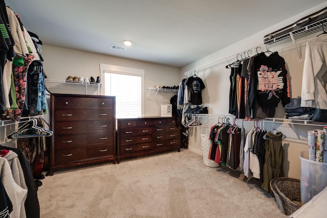 walk in closet with light carpet