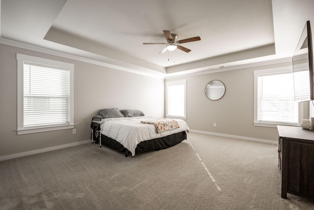 carpeted bedroom featuring a raised ceiling, ceiling fan, and ornamental molding