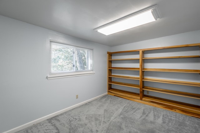 basement featuring light carpet