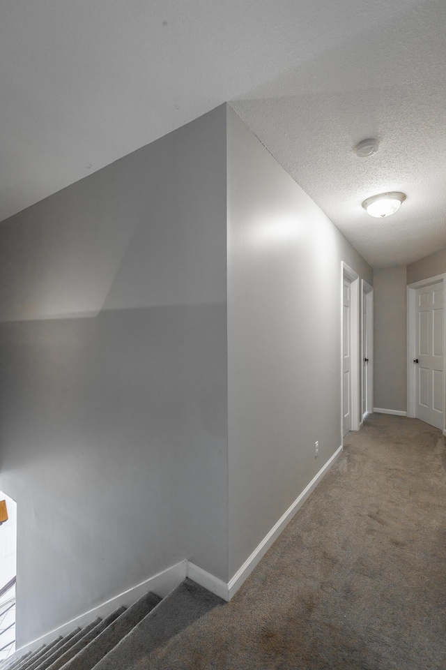 hall with carpet and a textured ceiling