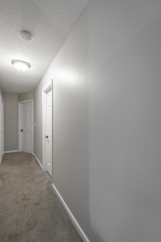 corridor featuring carpet and a textured ceiling