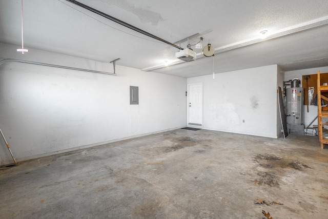 garage featuring electric panel, gas water heater, and a garage door opener