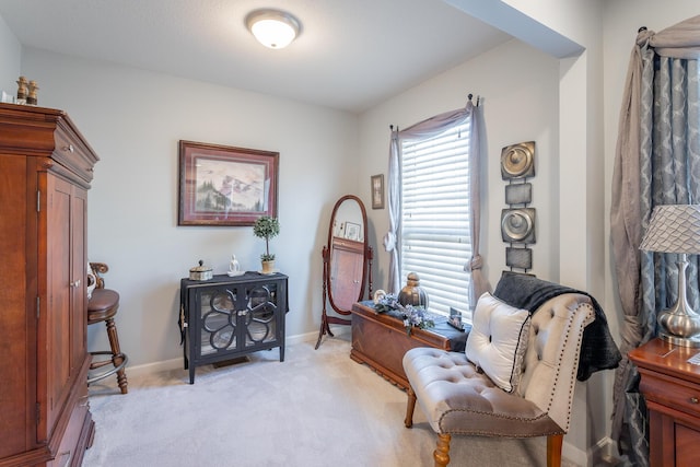 sitting room with light colored carpet