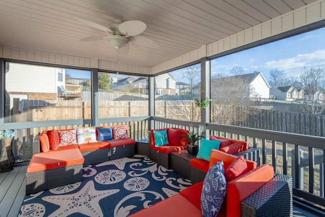 sunroom / solarium featuring ceiling fan and wood ceiling