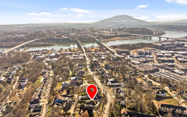 bird's eye view featuring a water and mountain view