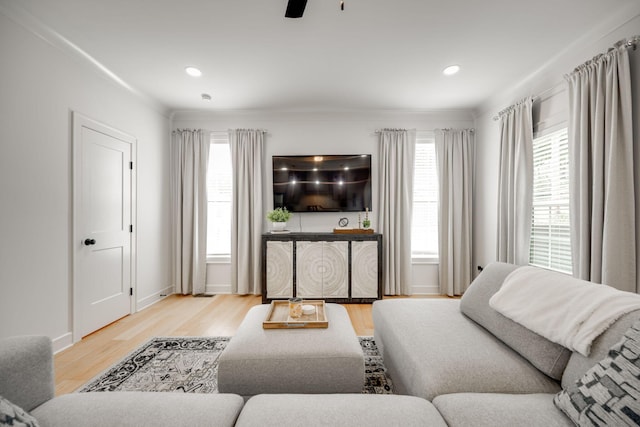 living room featuring light hardwood / wood-style flooring, a wealth of natural light, and ceiling fan