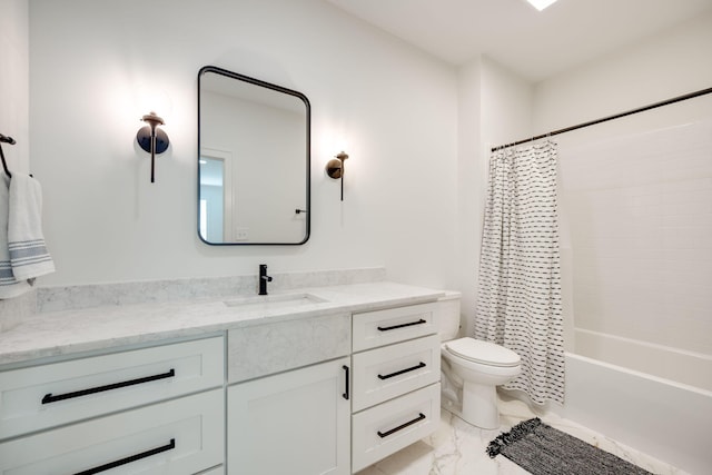 full bathroom with shower / bath combo with shower curtain, vanity, and toilet