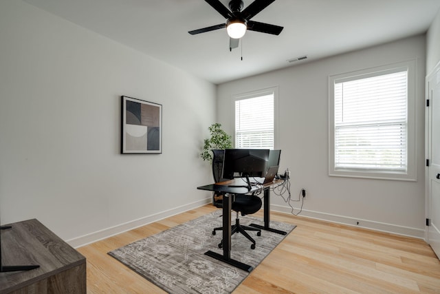 office area featuring ceiling fan and light wood-type flooring