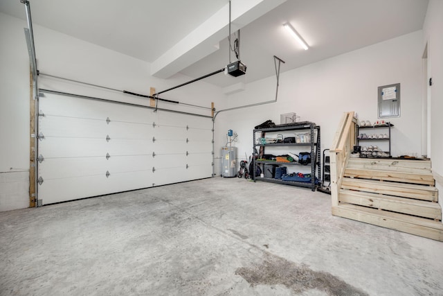 garage featuring electric panel, a garage door opener, and water heater