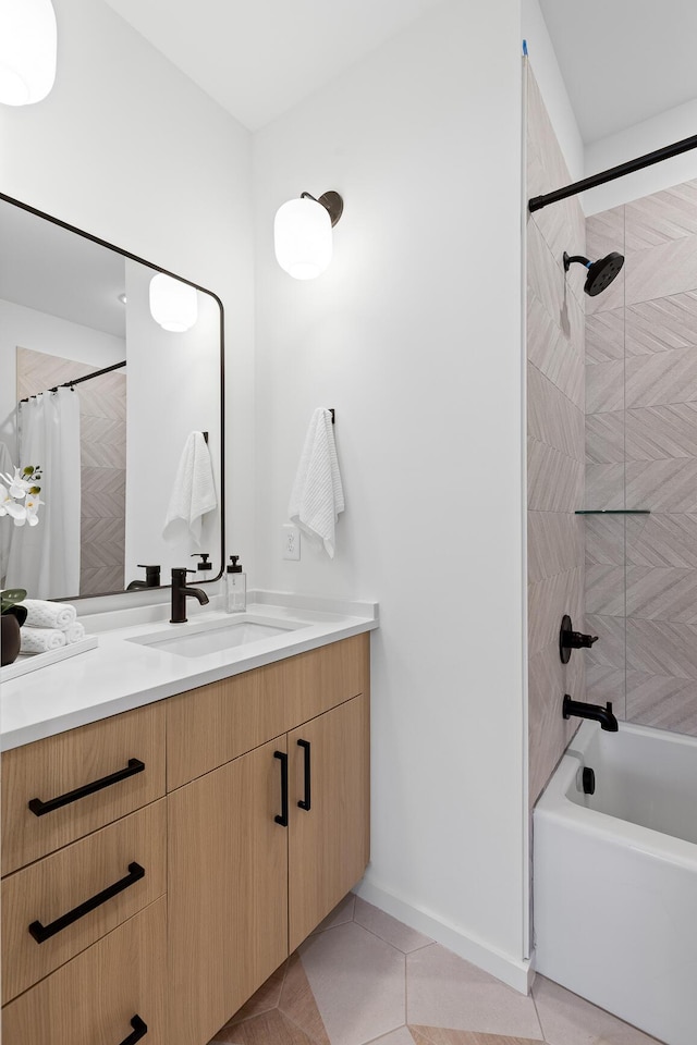 bathroom featuring shower / tub combo, vanity, and tile patterned floors