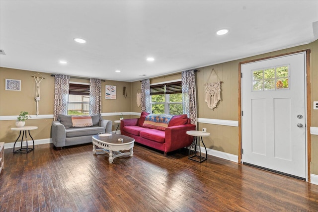 living room featuring plenty of natural light and dark wood-type flooring