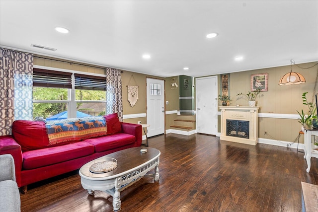 living room with dark wood-type flooring