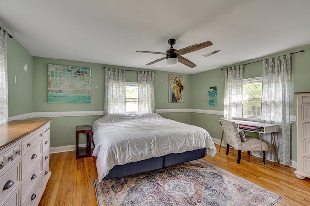 bedroom with ceiling fan and light hardwood / wood-style floors