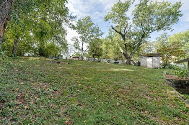 view of yard featuring a storage shed