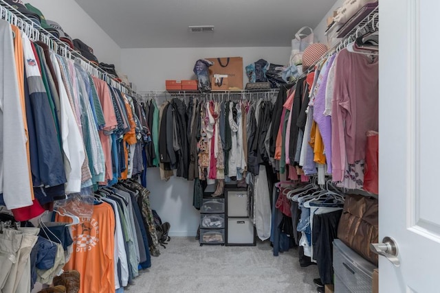 walk in closet with light colored carpet