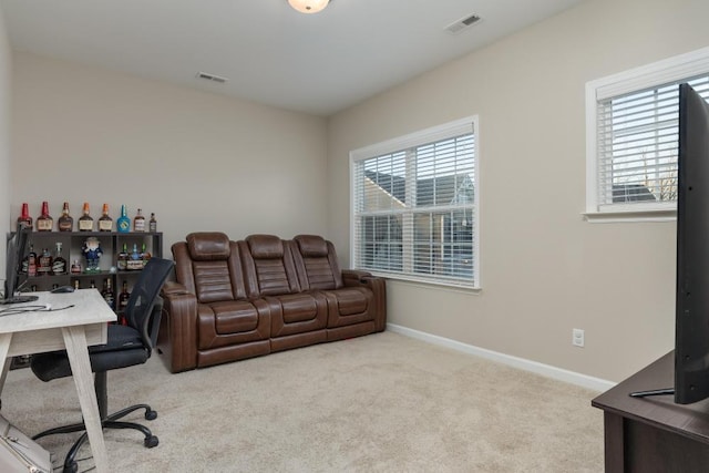 office space featuring a wealth of natural light and light carpet