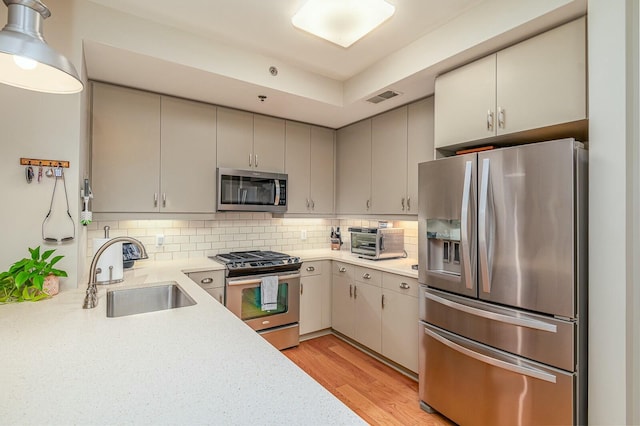 kitchen featuring sink, stainless steel appliances, light wood-type flooring, and decorative backsplash