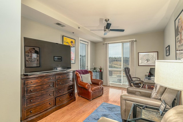 interior space featuring ceiling fan and light hardwood / wood-style flooring