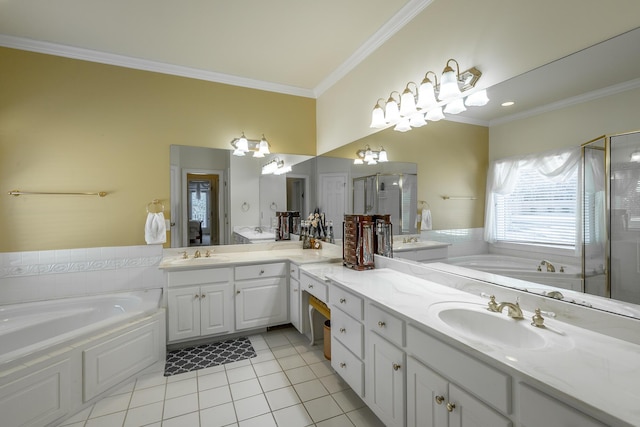 bathroom with crown molding, tile patterned flooring, vanity, and shower with separate bathtub