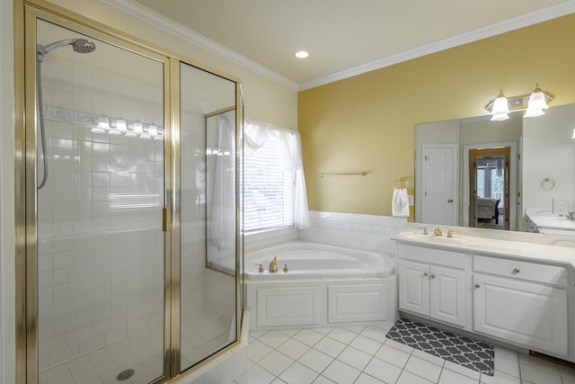 bathroom with tile patterned flooring, vanity, separate shower and tub, and ornamental molding