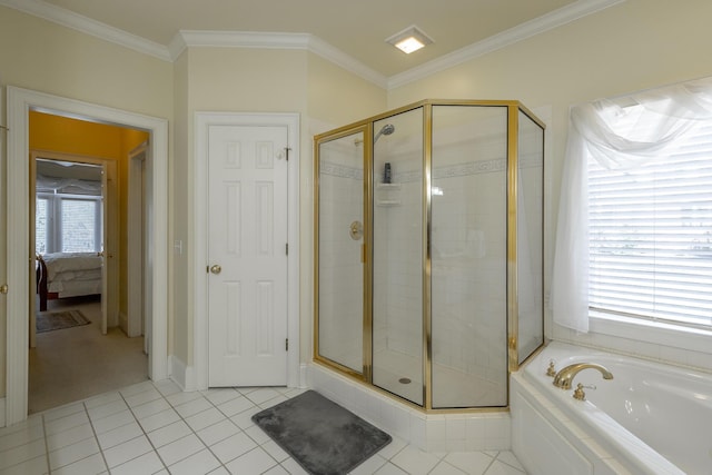 bathroom with tile patterned flooring, shower with separate bathtub, and ornamental molding