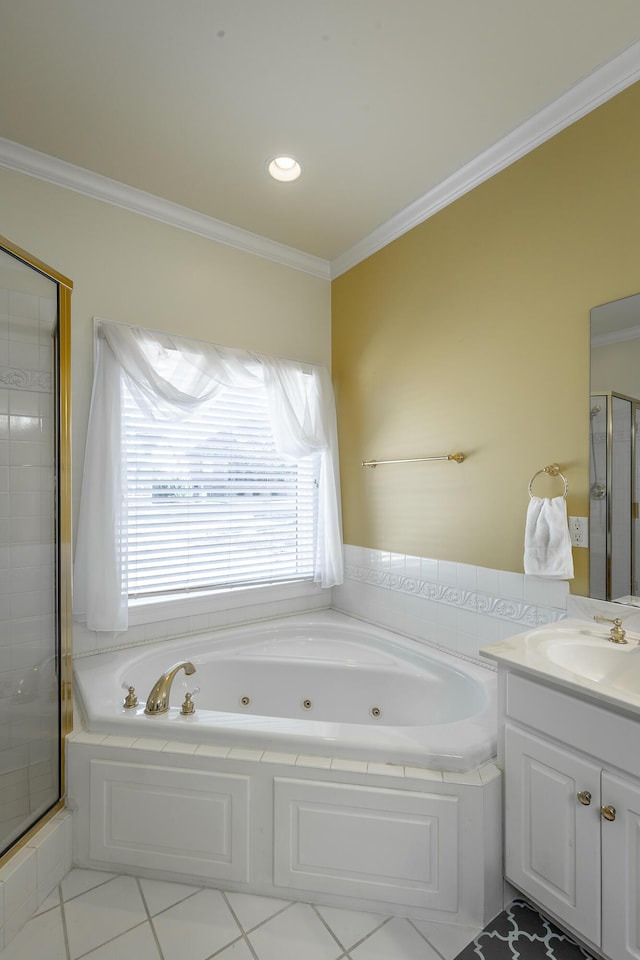 bathroom featuring tile patterned flooring, plus walk in shower, a wealth of natural light, and ornamental molding