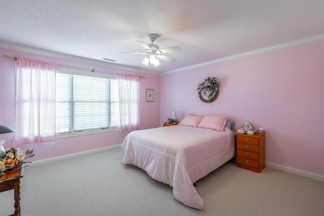 bedroom with ceiling fan, light colored carpet, a textured ceiling, and ornamental molding