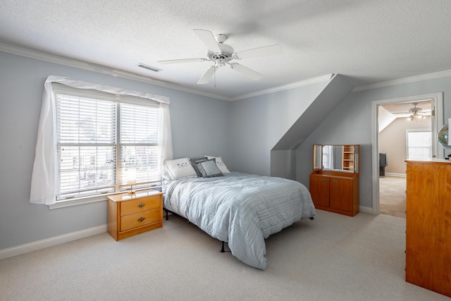 bedroom featuring ceiling fan, light colored carpet, a textured ceiling, and vaulted ceiling