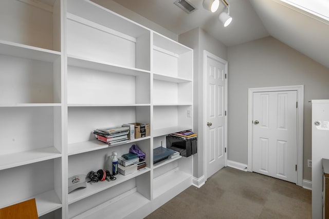 interior space with lofted ceiling and carpet floors