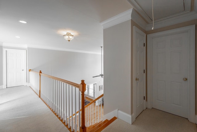 hallway with light colored carpet and ornamental molding