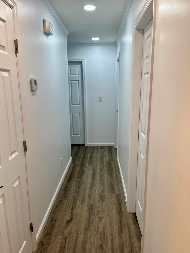 hallway with ornamental molding and dark hardwood / wood-style floors