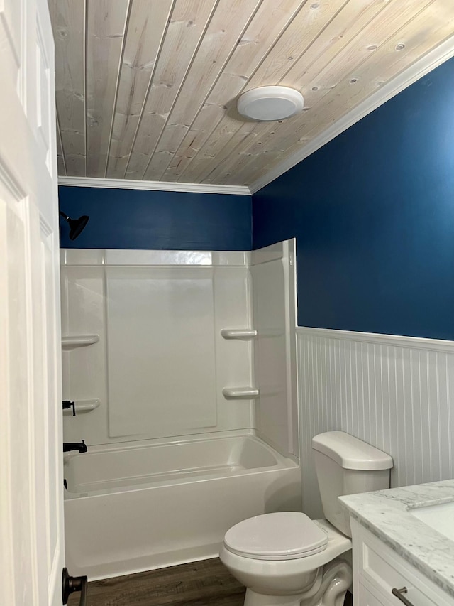 full bathroom with wood-type flooring, wooden ceiling, and crown molding