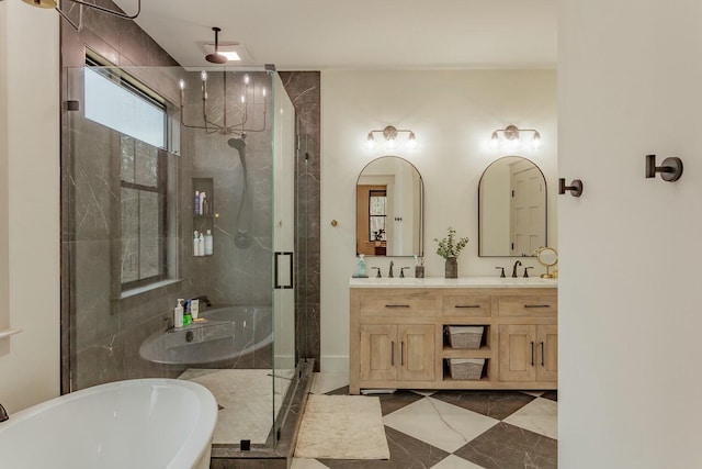 bathroom with shower with separate bathtub and vanity