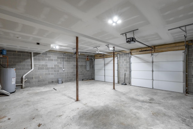 garage with a garage door opener, water heater, and electric panel