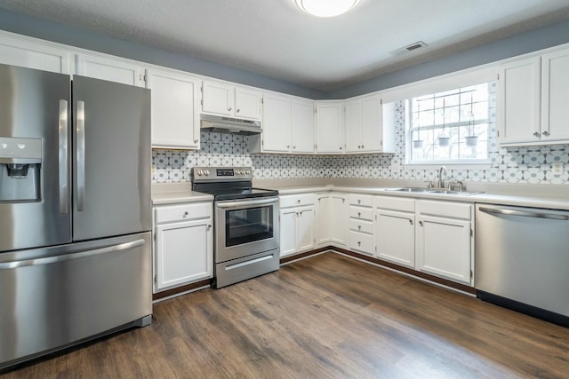 kitchen featuring sink, tasteful backsplash, dark hardwood / wood-style flooring, white cabinetry, and stainless steel appliances