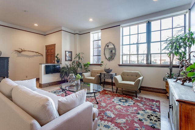 living room featuring crown molding