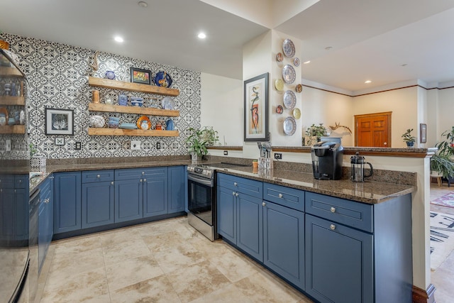 kitchen with kitchen peninsula, dark stone counters, crown molding, stainless steel range with electric stovetop, and blue cabinets